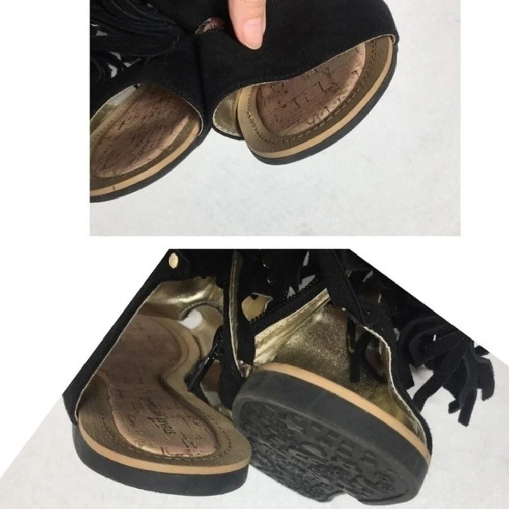 Stuart Weitzman Camia Fringe Black Sandal Size 5